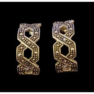 925 Sterling Silver Marcasite C Shape Half Hoop Infinity Stud Earrings 1" Long